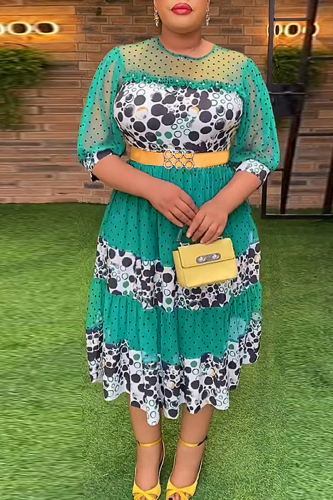 Green Casual Print Patchwork See-through With Belt O Neck A Line Plus Size Dresses