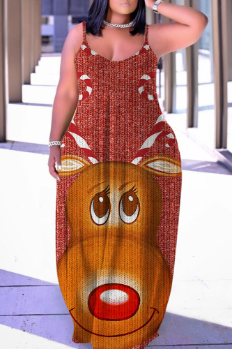 Dark Red Sexy Casual Print Backless Spaghetti Strap Long Dress Dresses