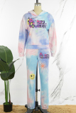 Blue Purple Casual Letter Print Tie-dye Hooded Collar Long Sleeve Two Pieces