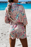 Pink Casual Vacation Geometric Printing Turndown Collar Long Sleeve Two Pieces