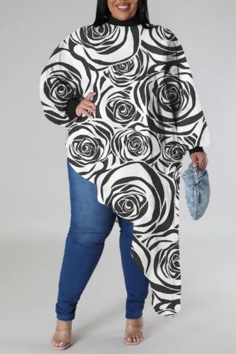 Black And White Casual Print Patchwork Asymmetrical Zipper Plus Size Tops