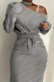 Grey Casual Solid Hollowed Out Half A Turtleneck Long Sleeve Dresses