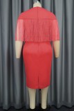 Red Casual Solid Tassel Patchwork V Neck Short Sleeve Dress Dresses