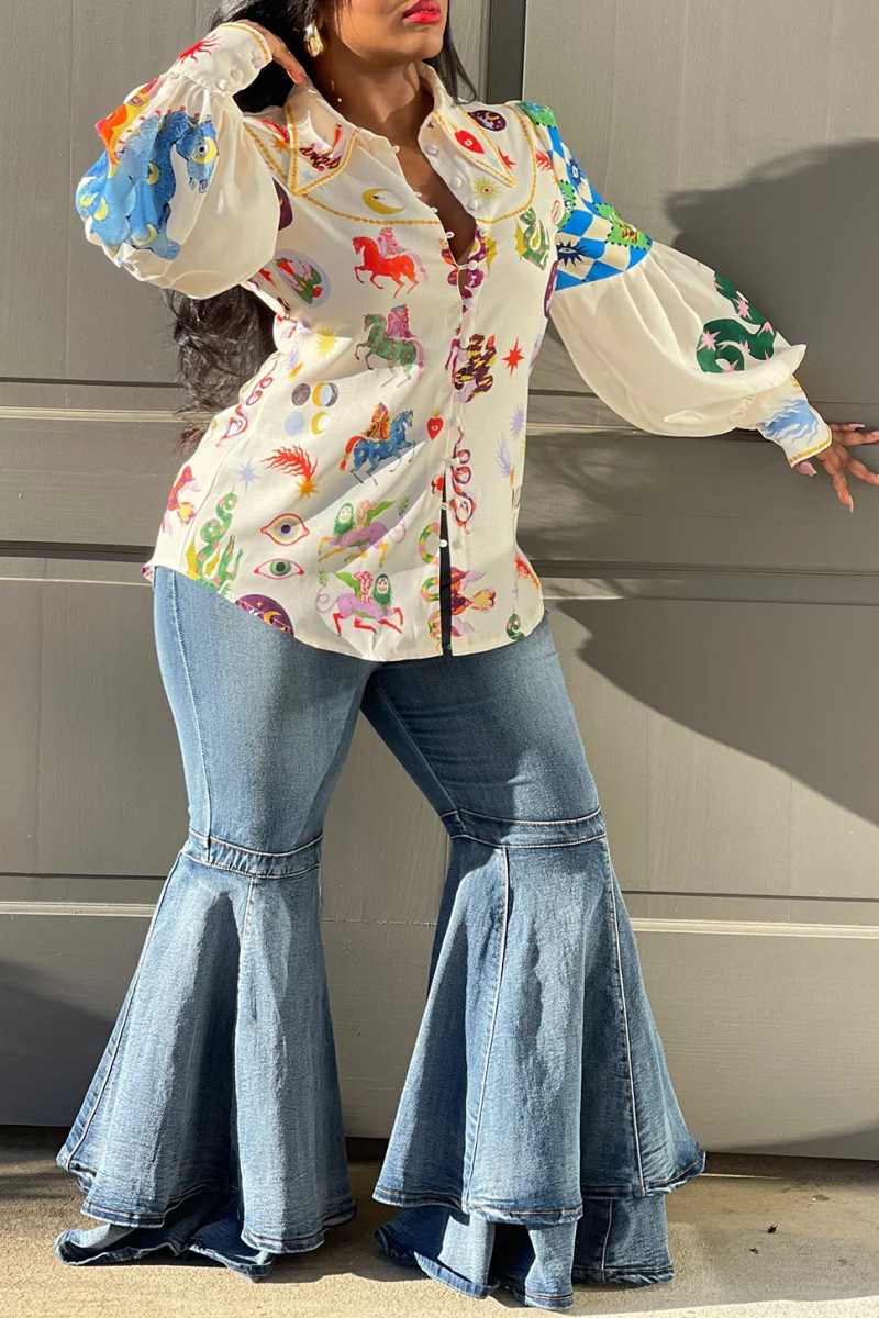 Print Patchwork Turndown Collar Tops