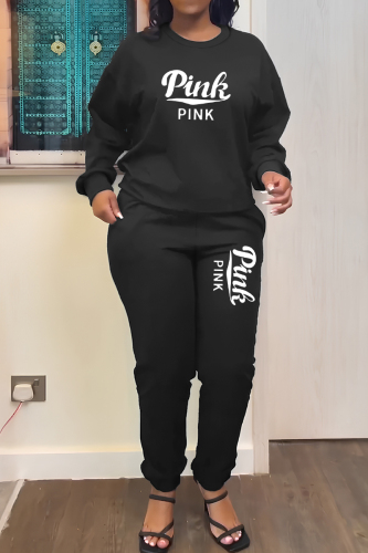 Black Casual Print Basic O Neck Long Sleeve Two Pieces