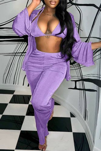 Purple Casual Solid Cardigan Vests Pants Long Sleeve Three Piece Set