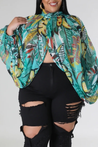 Cyan Sexy Casual Print See-through Slit Turtleneck Plus Size Tops