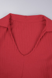 Red Casual Solid Patchwork V Neck Long Sleeve Two Pieces
