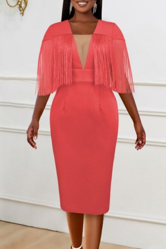 Red Casual Solid Tassel Patchwork V Neck Short Sleeve Dress Dresses