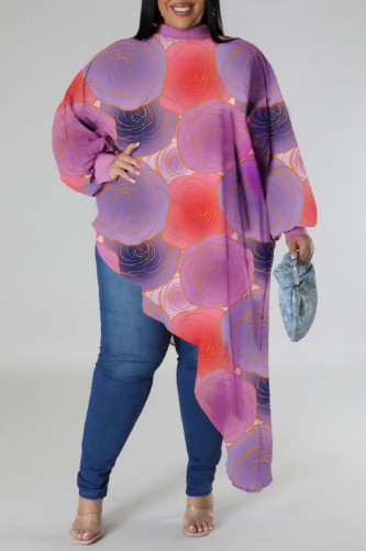 Purple Casual Print Patchwork Asymmetrical Zipper Plus Size Tops