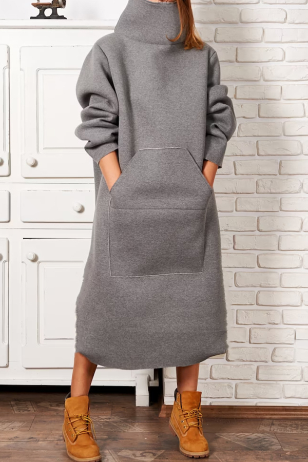 Grey Casual Solid Pocket Turtleneck Long Sleeve Dresses