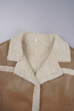 Khaki Casual Patchwork Cardigan Contrast Turndown Collar Outerwear