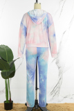 Blue Purple Casual Letter Print Tie-dye Hooded Collar Long Sleeve Two Pieces