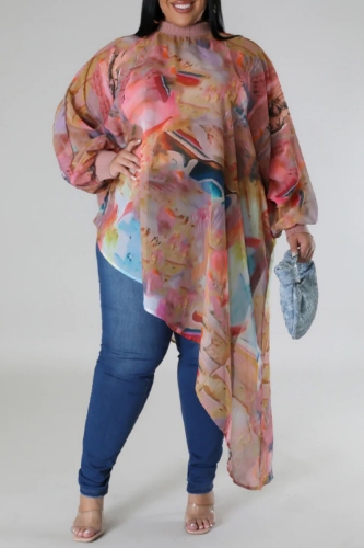 Multicolor Casual Print Patchwork Asymmetrical Zipper Plus Size Tops