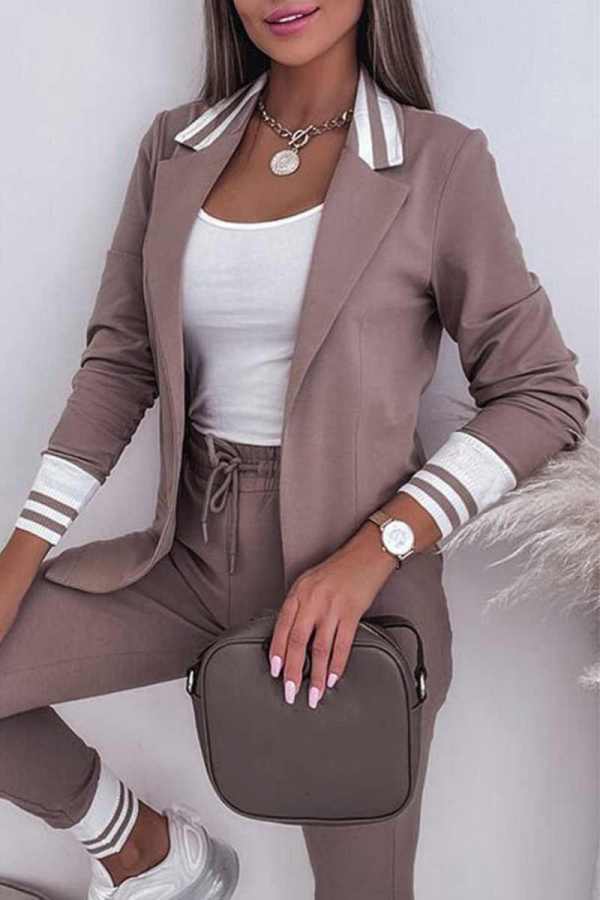 Pink Casual Solid Patchwork Cardigan Pants Turndown Collar Long Sleeve Two Pieces