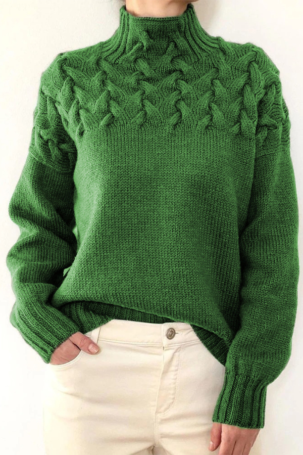 Green Casual Solid Weave Turtleneck Tops