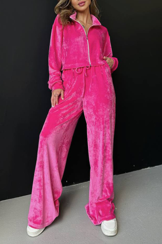 Rose Red Casual Simplicity Solid Pocket Turndown Collar Long Sleeve Two Pieces