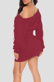 Burgundy Casual Solid Patchwork Cross Straps Oblique Collar Long Sleeve Dresses