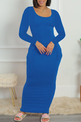Blue Casual Solid Basic U Neck Long Sleeve Dresses