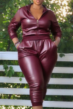 Burgundy Casual Solid Patchwork Zipper Collar Plus Size Two Pieces