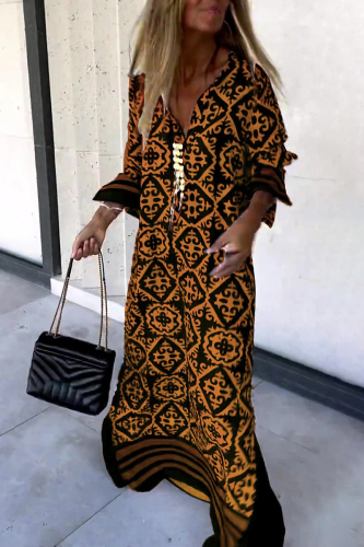 Orange Street College Geometric Print Contrast V Neck Printed Dress Dresses