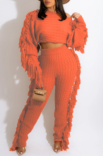 Tangerine Red Street Solid Tassel Patchwork O Neck Long Sleeve Two Pieces
