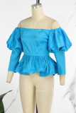 Blue Casual Solid Patchwork Off the Shoulder Tops