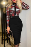 Black And White Casual Print Patchwork With Belt Turn-back Collar Wrapped Skirt Dresses