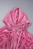 Rose Red Casual Solid Patchwork Zipper Hooded Collar Long Sleeve Two Pieces