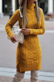 Ginger Elegant Solid Slit Weave Turtleneck Long Sleeve Dresses