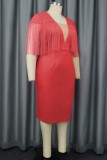 Red Casual Solid Tassel Patchwork V Neck Short Sleeve Dress Dresses