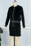 Black Casual Solid Patchwork Cross Straps Zipper O Neck Long Sleeve Two Pieces