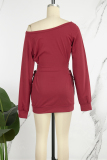 Burgundy Casual Solid Patchwork Cross Straps Oblique Collar Long Sleeve Dresses