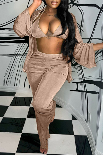 Apricot Casual Solid Cardigan Vests Pants Long Sleeve Three Piece Set