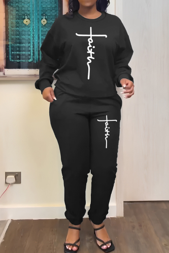 Black White Casual Print Basic O Neck Long Sleeve Two Pieces