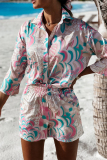 Pink Casual Vacation Geometric Printing Turndown Collar Long Sleeve Two Pieces