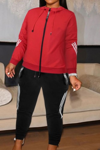 Red Casual Sportswear Solid Patchwork Hooded Collar Long Sleeve Two Pieces
