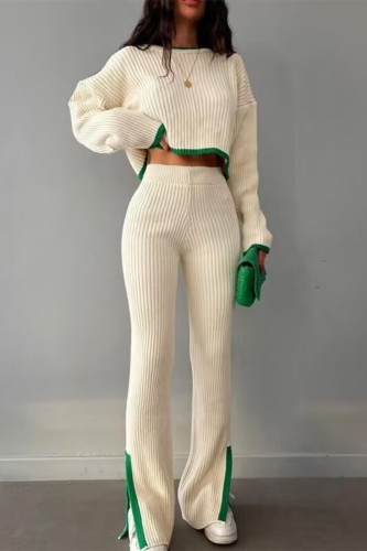 Apricot Casual Solid Patchwork O Neck Long Sleeve Two Pieces