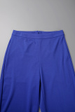 Blue Casual Solid Basic With Belt O Neck Plus Size Two Pieces