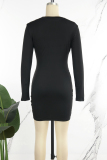 Rose Red Casual Solid Draw String Frenulum O Neck Long Sleeve Dresses