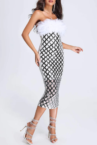 Black Sexy Patchwork Hollowed Out Feathers Backless Strapless One Step Skirt Dresses