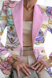 White Purple Casual Print Patchwork Cardigan Turn-back Collar Outerwear