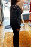 Black Casual Patchwork Rhinestone Turn-back Collar Long Sleeve Two Pieces
