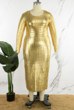 Gold Casual Solid O Neck Long Sleeve Plus Size Dresses