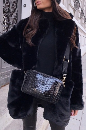 Black Faux Fur Casual Solid Cardigan Turndown Collar Long Sleeve Coat