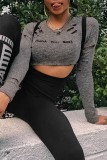 Dark Gray Casual Letter Print Ripped O Neck Tops