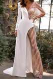 White Sexy Patchwork See-through Asymmetrical V Neck Skinny Jumpsuits