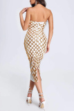 Silver Sexy Patchwork Hollowed Out Feathers Backless Strapless One Step Skirt Dresses
