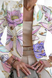 White Purple Casual Print Patchwork Cardigan Turn-back Collar Outerwear