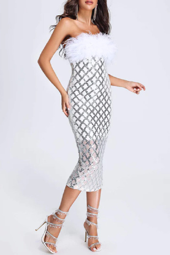 Silver Sexy Patchwork Hollowed Out Feathers Backless Strapless One Step Skirt Dresses
